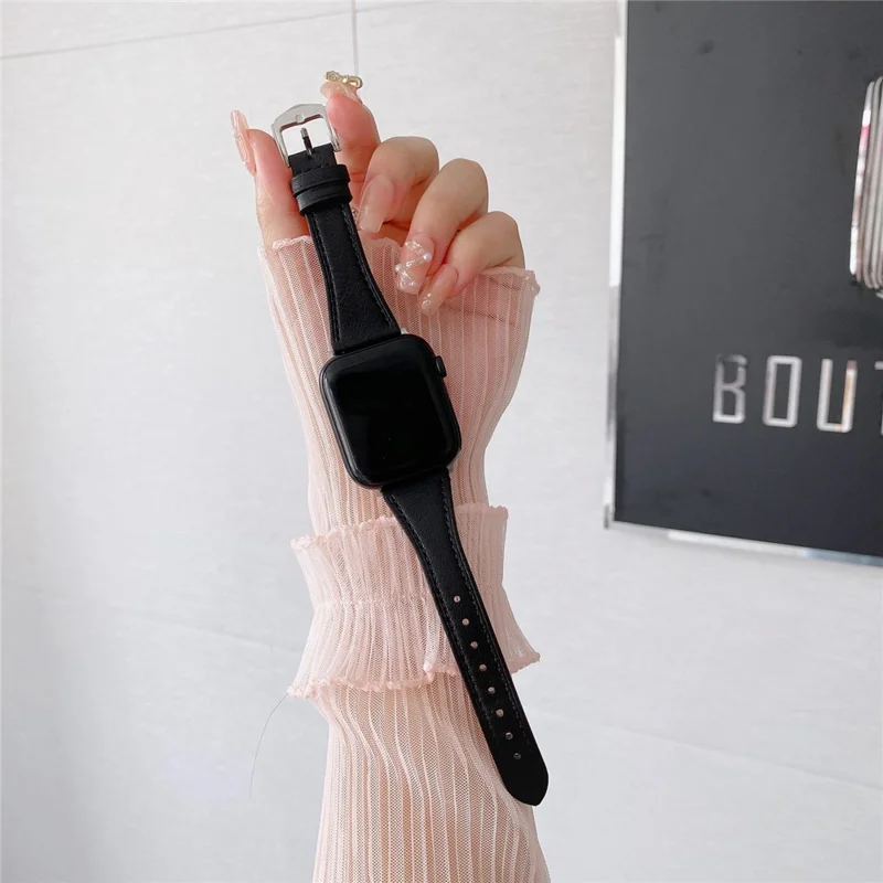 For Apple Watch Series 11 10 42mm / 9 8 7 41mm / SE3 SE2 SE 6 5 4 40mm / 3 2 1 38mm Genuine Leather Anti-Wear Replacement Smart Watch Strap Wrist Band - Black