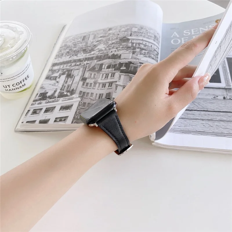 For Apple Watch Series 11 10 42mm / 9 8 7 41mm / SE3 SE2 SE 6 5 4 40mm / 3 2 1 38mm Genuine Leather Anti-Wear Replacement Smart Watch Strap Wrist Band - Black