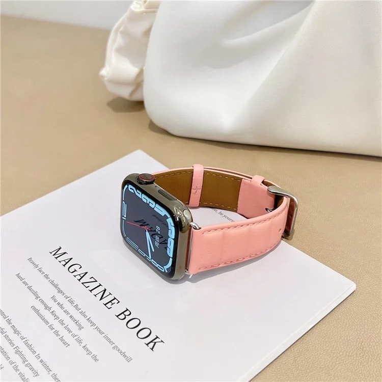 Per Apple Watch Series 10 42mm / 9 8 7 41mm / 6 5 4 SE SE (2022) SE (2023) 40mm / 3 2 1 38mm Square Imprinted Texture Genuine Leather Replacement Strap Wrist Band - Rosa