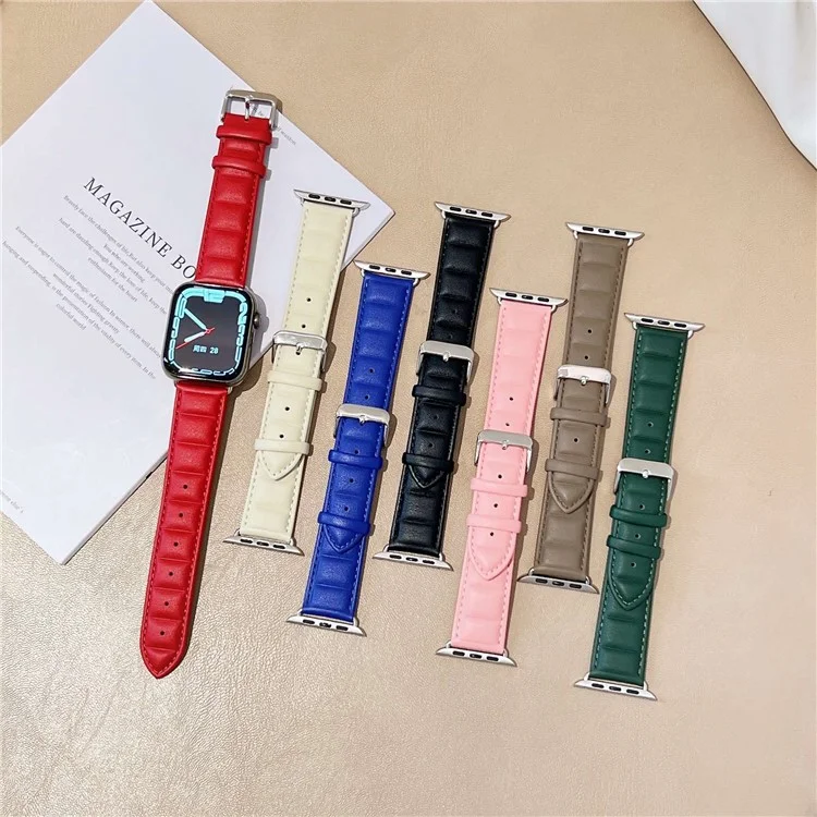 Para Apple Watch Series 10 46mm / Ultra 2 Ultra 49mm / 9 8 7 45mm / SE (2023) SE (2022) SE 6 5 4 44mm / 3 2 1 42mm Cuadrado Textura Impresa Genuino Cuero Smartwatch Correa de Repuesto - Rosa