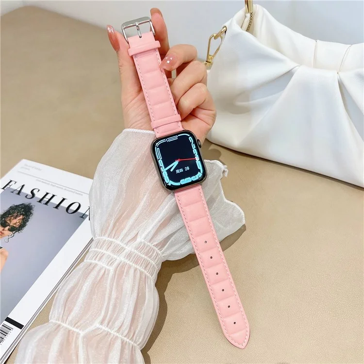 Para Apple Watch Series 10 46mm / Ultra 2 Ultra 49mm / 9 8 7 45mm / SE (2023) SE (2022) SE 6 5 4 44mm / 3 2 1 42mm Cuadrado Textura Impresa Genuino Cuero Smartwatch Correa de Repuesto - Rosa