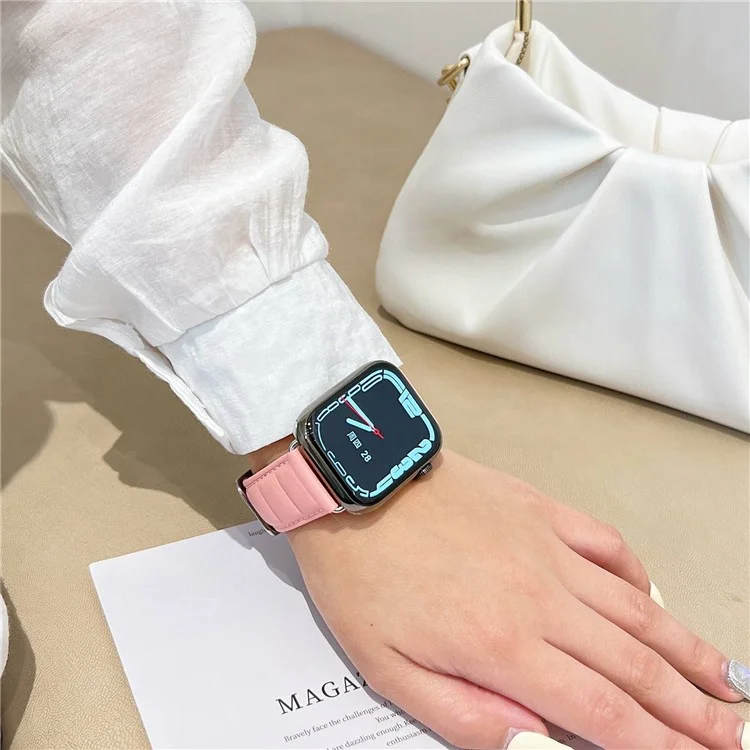 Para Apple Watch Series 10 46mm / Ultra 2 Ultra 49mm / 9 8 7 45mm / SE (2023) SE (2022) SE 6 5 4 44mm / 3 2 1 42mm Cuadrado Textura Impresa Genuino Cuero Smartwatch Correa de Repuesto - Rosa