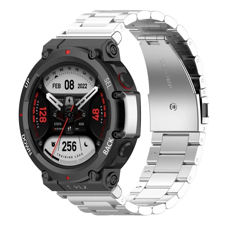 For Huami Amazfit T-Rex 2 Bands Stainless Steel Three Beads Watch Strap Replacement with Tool - Silver