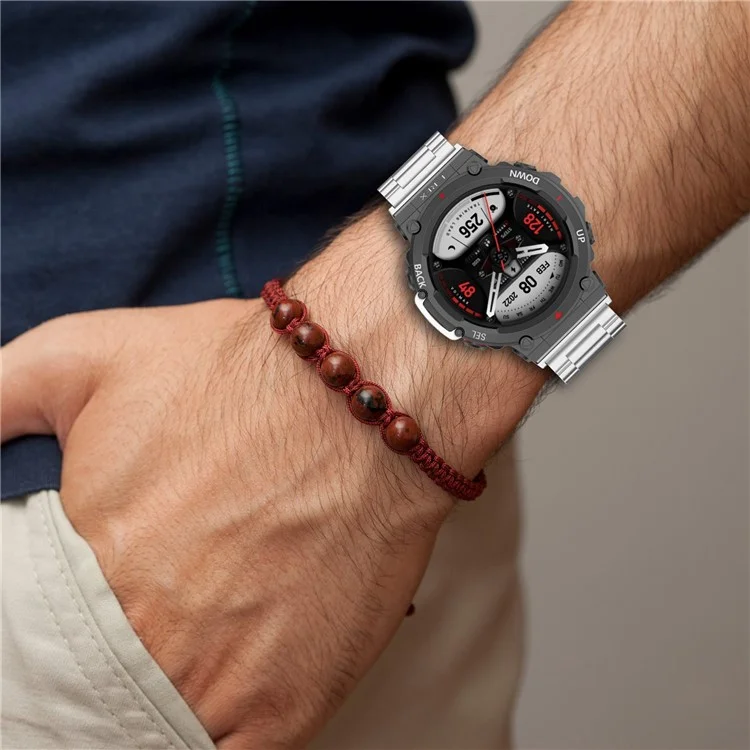 For Huami Amazfit T-Rex 2 Bands Stainless Steel Three Beads Watch Strap Replacement with Tool - Silver