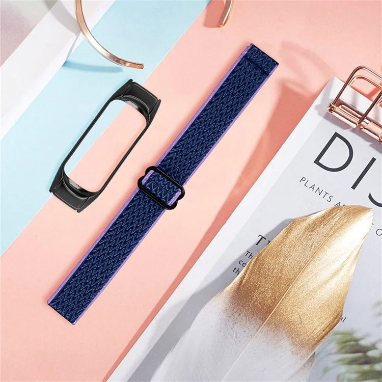 For Xiaomi Mi Band 7 Stretchy Nylon Solo Loop Band Adjustable Braided Sport Elastics Strap with Black Watch Frame - Purple Blue