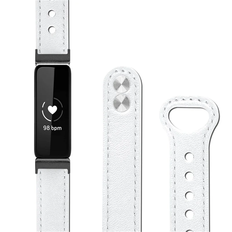 For Fitbit Inspire / Inspire HR / Inspire 2 / Ace 2 Genuine Cowhide Leather Watch Band Double Snap Button Wrist Strap Replacement, Black Connector - White