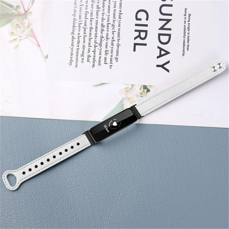 For Fitbit Inspire / Inspire HR / Inspire 2 / Ace 2 Genuine Cowhide Leather Watch Band Double Snap Button Wrist Strap Replacement, Black Connector - White