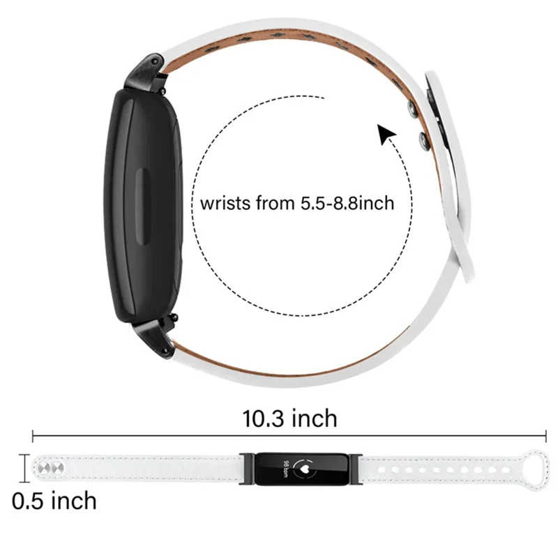 For Fitbit Inspire / Inspire HR / Inspire 2 / Ace 2 Genuine Cowhide Leather Watch Band Double Snap Button Wrist Strap Replacement, Black Connector - White