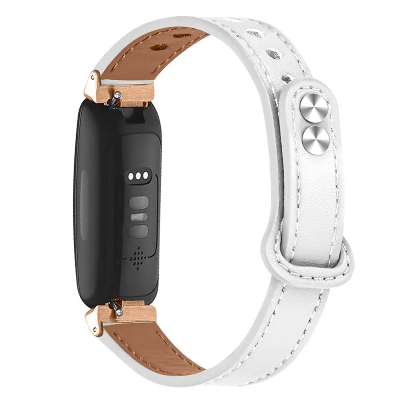 For Fitbit Inspire / Inspire HR / Inspire 2 / Ace 2 Double Snap Button Watch Strap Genuine Cowhide Leather Wrist Band, Rose Gold Connector - White