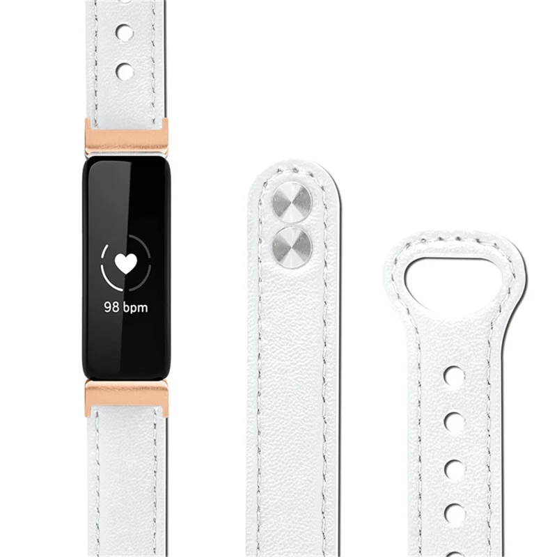 For Fitbit Inspire / Inspire HR / Inspire 2 / Ace 2 Double Snap Button Watch Strap Genuine Cowhide Leather Wrist Band, Rose Gold Connector - White