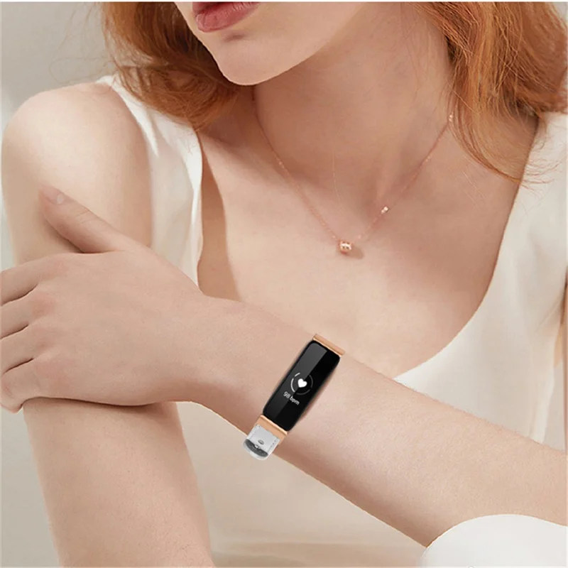 For Fitbit Inspire / Inspire HR / Inspire 2 / Ace 2 Double Snap Button Watch Strap Genuine Cowhide Leather Wrist Band, Rose Gold Connector - White