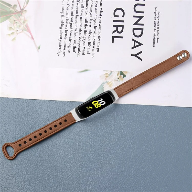 For Samsung Galaxy Fit SM-R370 Genuine Cowhide Leather Watch Band Wrist Strap with Double Snap Button, Silver Connector - Brown