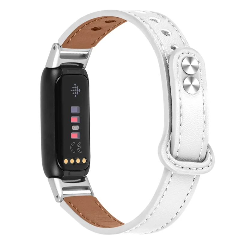 Replacement Wrist Band for Fitbit Luxe Smart Watch Adjustable Top Layer Cowhide Strap with Double Rivet, Silver Connector - White