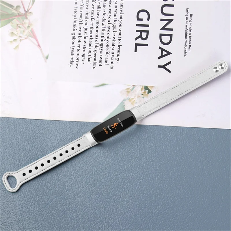 Replacement Wrist Band for Fitbit Luxe Smart Watch Adjustable Top Layer Cowhide Strap with Double Rivet, Silver Connector - White