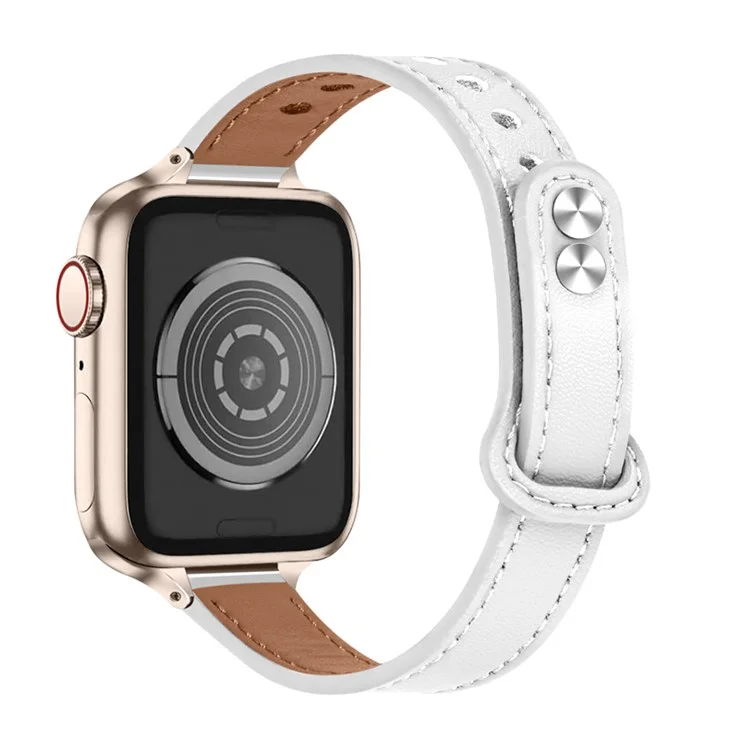Для Apple Watch Series 10 46 мм / Ultra 2 Ultra 49 мм / 9 8 7 45 мм / SE (2023) SE (2022) SE 6 5 4 44 мм / 3 2 1 42 мм Оригинальный ремешок из воловьей кожи с двойной пуговицей (ретро-золотой соединитель) - белый