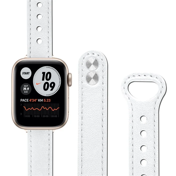 Для Apple Watch Series 10 46 мм / Ultra 2 Ultra 49 мм / 9 8 7 45 мм / SE (2023) SE (2022) SE 6 5 4 44 мм / 3 2 1 42 мм Оригинальный ремешок из воловьей кожи с двойной пуговицей (ретро-золотой соединитель) - белый