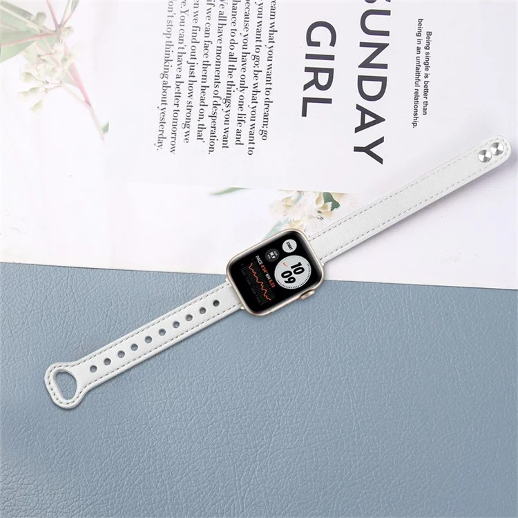 Для Apple Watch Series 10 46 мм / Ultra 2 Ultra 49 мм / 9 8 7 45 мм / SE (2023) SE (2022) SE 6 5 4 44 мм / 3 2 1 42 мм Оригинальный ремешок из воловьей кожи с двойной пуговицей (ретро-золотой соединитель) - белый