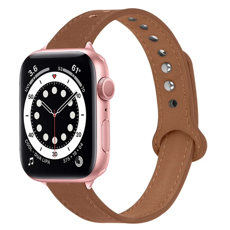 For Apple Watch Series 11 10 42mm / 9 8 7 41mm / SE3 SE2 SE 6 5 4 40mm / 3 2 1 38mm Genuine Leather Watch Strap Double Rivet Replacement Wrist Band, Rose Gold Connector - Brown
