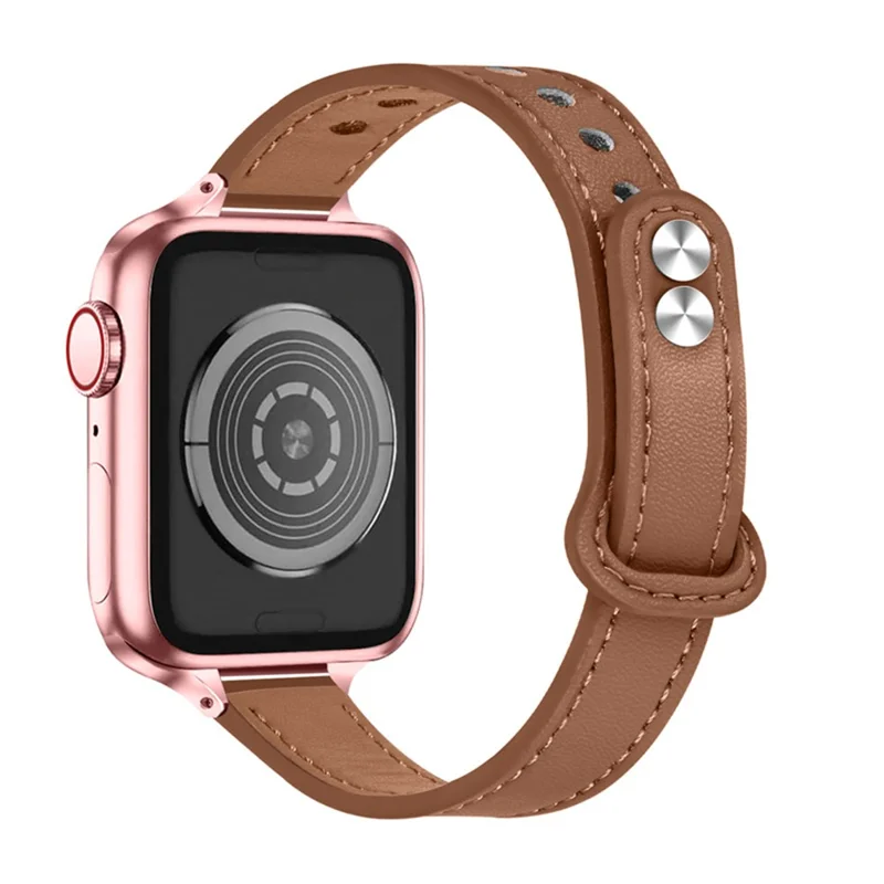 For Apple Watch Series 11 10 42mm / 9 8 7 41mm / SE3 SE2 SE 6 5 4 40mm / 3 2 1 38mm Genuine Leather Watch Strap Double Rivet Replacement Wrist Band, Rose Gold Connector - Brown