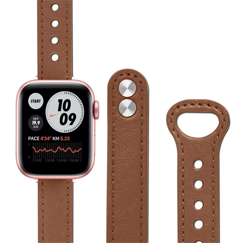 For Apple Watch Series 11 10 42mm / 9 8 7 41mm / SE3 SE2 SE 6 5 4 40mm / 3 2 1 38mm Genuine Leather Watch Strap Double Rivet Replacement Wrist Band, Rose Gold Connector - Brown