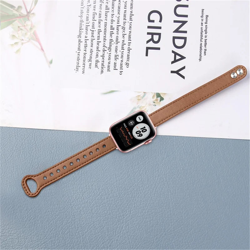 For Apple Watch Series 11 10 42mm / 9 8 7 41mm / SE3 SE2 SE 6 5 4 40mm / 3 2 1 38mm Genuine Leather Watch Strap Double Rivet Replacement Wrist Band, Rose Gold Connector - Brown