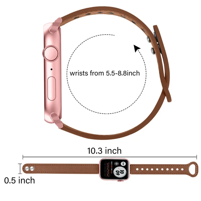 For Apple Watch Series 11 10 42mm / 9 8 7 41mm / SE3 SE2 SE 6 5 4 40mm / 3 2 1 38mm Genuine Leather Watch Strap Double Rivet Replacement Wrist Band, Rose Gold Connector - Brown