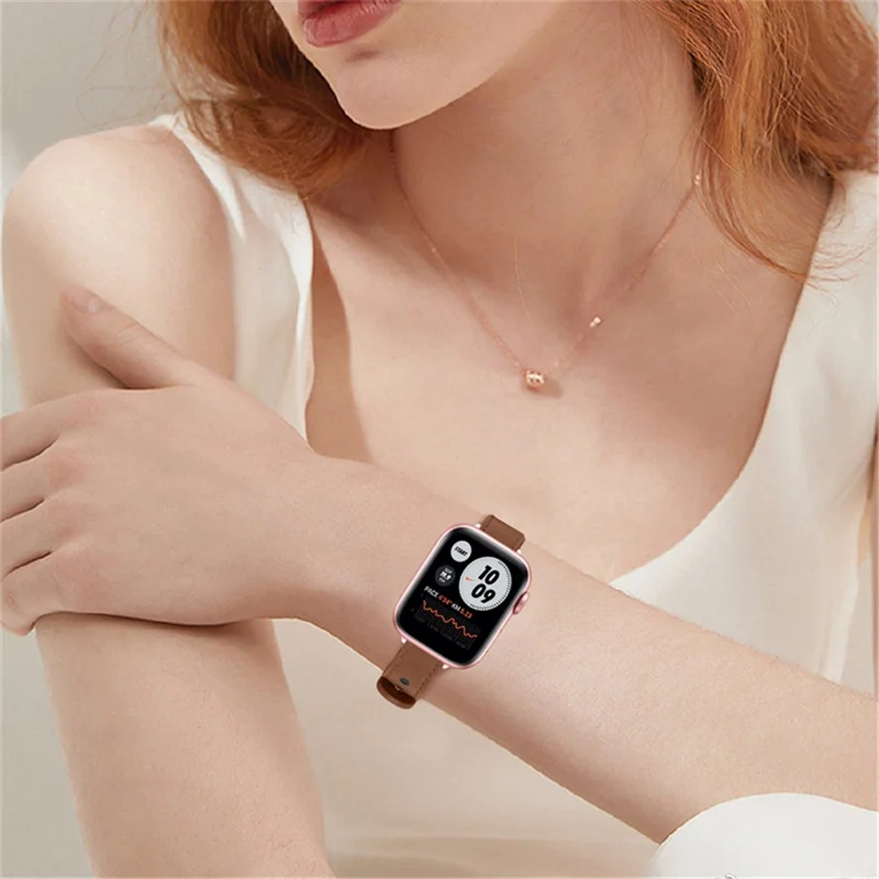 For Apple Watch Series 11 10 42mm / 9 8 7 41mm / SE3 SE2 SE 6 5 4 40mm / 3 2 1 38mm Genuine Leather Watch Strap Double Rivet Replacement Wrist Band, Rose Gold Connector - Brown