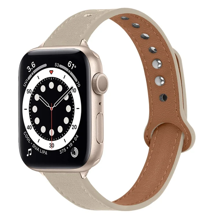 For Apple Watch Series 10 42mm / 9 8 7 41mm / 6 5 4 SE SE (2022) SE (2023) 40mm / 3 2 1 38mm Genuine Cowhide Leather Watch Band Double Snap Button Watch Strap (Retro Gold Connector) - Ivory White