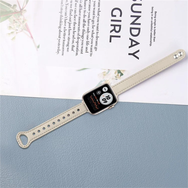 For Apple Watch Series 10 42mm / 9 8 7 41mm / 6 5 4 SE SE (2022) SE (2023) 40mm / 3 2 1 38mm Genuine Cowhide Leather Watch Band Double Snap Button Watch Strap (Retro Gold Connector) - Ivory White
