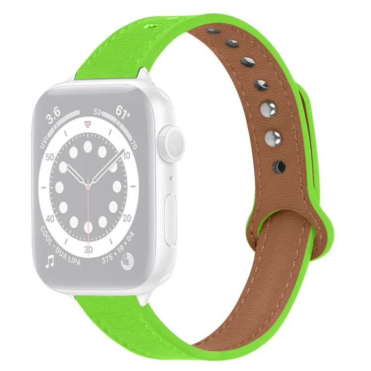 Para Apple Watch Series 10 42mm / 9 8 7 41mm / 6 5 4 SE SE (2022) SE (2023) 40mm / 3 2 1 38mm Genuino Cuero de Vaca Banda de Reloj Botón de Doble Broche de Repuesto Correa (Conector Negro) - Verde Fluorescente