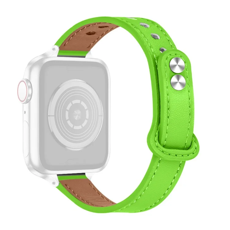 Para Apple Watch Series 10 42mm / 9 8 7 41mm / 6 5 4 SE SE (2022) SE (2023) 40mm / 3 2 1 38mm Genuino Cuero de Vaca Banda de Reloj Botón de Doble Broche de Repuesto Correa (Conector Negro) - Verde Fluorescente
