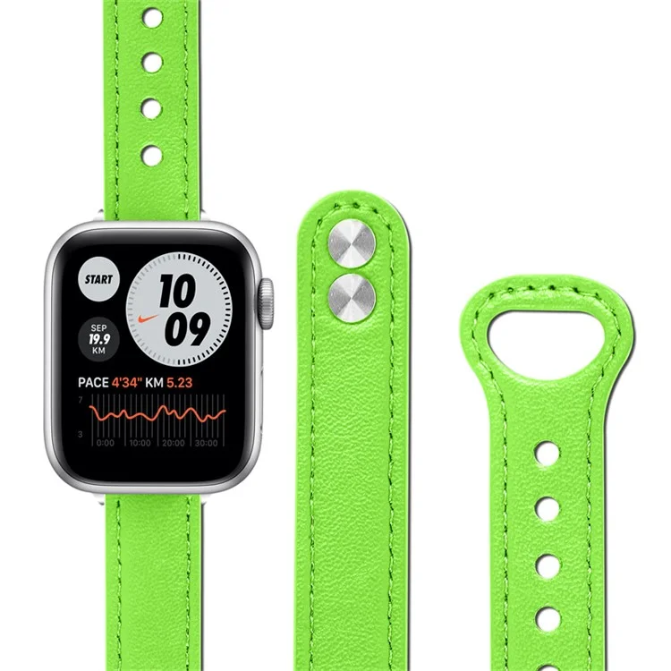Para Apple Watch Series 10 42mm / 9 8 7 41mm / 6 5 4 SE SE (2022) SE (2023) 40mm / 3 2 1 38mm Genuino Cuero de Vaca Banda de Reloj Botón de Doble Broche de Repuesto Correa (Conector Negro) - Verde Fluorescente