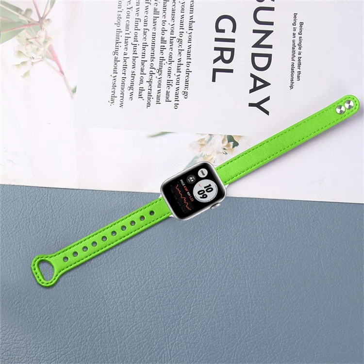 Para Apple Watch Series 10 42mm / 9 8 7 41mm / 6 5 4 SE SE (2022) SE (2023) 40mm / 3 2 1 38mm Genuino Cuero de Vaca Banda de Reloj Botón de Doble Broche de Repuesto Correa (Conector Negro) - Verde Fluorescente