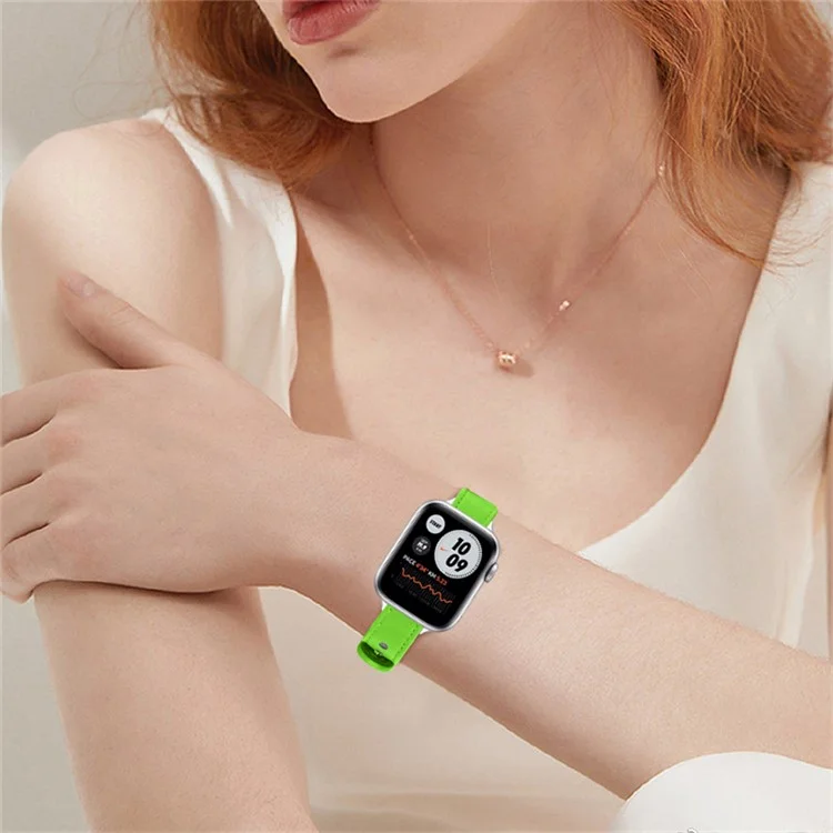 Para Apple Watch Series 10 42mm / 9 8 7 41mm / 6 5 4 SE SE (2022) SE (2023) 40mm / 3 2 1 38mm Genuino Cuero de Vaca Banda de Reloj Botón de Doble Broche de Repuesto Correa (Conector Negro) - Verde Fluorescente