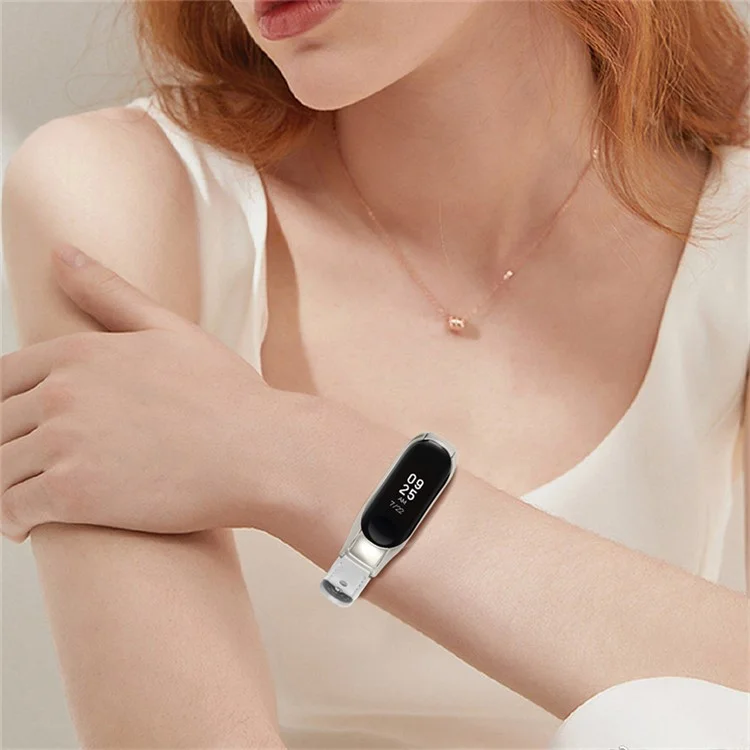 Per Xiaomi Mi Band 5 / 6 Coloro Solido Strato Superiore Cowhide Wors Cless Sostituzione Della Fascia di Guardia Con Doppio Rivetto, Custodia Per Orologio Nero - Bianca