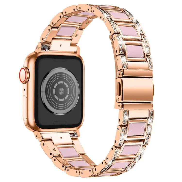 For Apple Watch Series 10 46mm / Ultra 2 Ultra 49mm / 9 8 7 45mm / SE (2023) SE (2022) SE 6 5 4 44mm / 3 2 1 42mm Resin Watch Band Rhinestone Decor Stainless Steel Strap - Rose Gold / Black Pink Mix