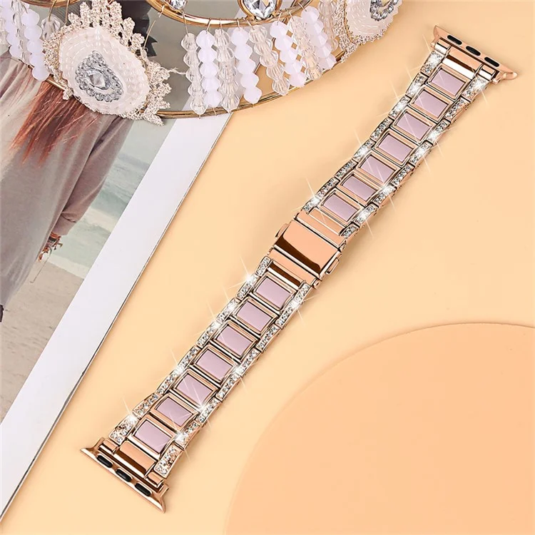 For Apple Watch Series 10 46mm / Ultra 2 Ultra 49mm / 9 8 7 45mm / SE (2023) SE (2022) SE 6 5 4 44mm / 3 2 1 42mm Resin Watch Band Rhinestone Decor Stainless Steel Strap - Rose Gold / Black Pink Mix