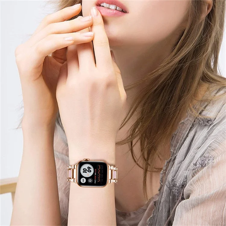 For Apple Watch Series 10 46mm / Ultra 2 Ultra 49mm / 9 8 7 45mm / SE (2023) SE (2022) SE 6 5 4 44mm / 3 2 1 42mm Resin Watch Band Rhinestone Decor Stainless Steel Strap - Rose Gold / Black Pink Mix