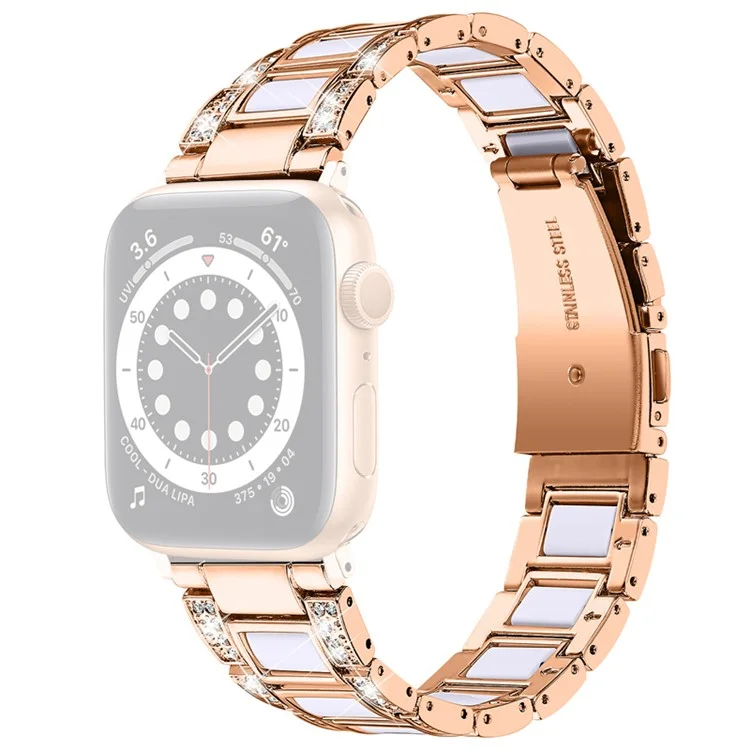 For Apple Watch Series 10 42mm / 9 8 7 41mm / 6 5 4 SE SE (2022) SE (2023) 40mm / 3 2 1 38mm Stainless Steel Watch Band Bling Rhinestone Resin Bracelet Strap Replacement - Rose Gold / White