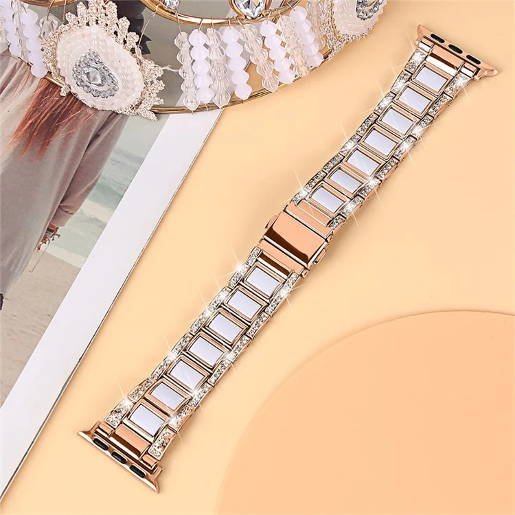 For Apple Watch Series 10 42mm / 9 8 7 41mm / 6 5 4 SE SE (2022) SE (2023) 40mm / 3 2 1 38mm Stainless Steel Watch Band Bling Rhinestone Resin Bracelet Strap Replacement - Rose Gold / White