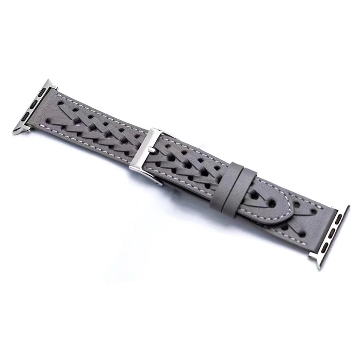 Para Apple Watch Series 7 45 mm / Serie 6 / 5 / 4 / SE 44 mm / Serie 1 / 2 / 3 42 mm Hollow-out Woven Watch Strap Genuine Leather en Forma de Vista de Muñeca en Forma de v - Gris