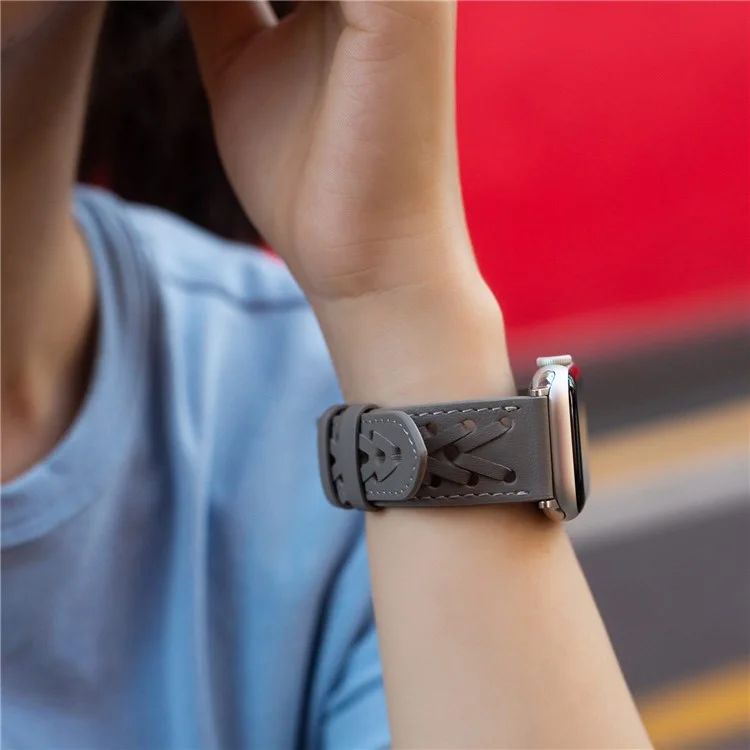 For Apple Watch Series 10 42mm / 9 8 7 41mm / 6 5 4 SE SE (2022) SE (2023) 40mm / 3 2 1 38mm V-Shaped Woven Watch Strap Genuine Leather Wrist Band - Grey