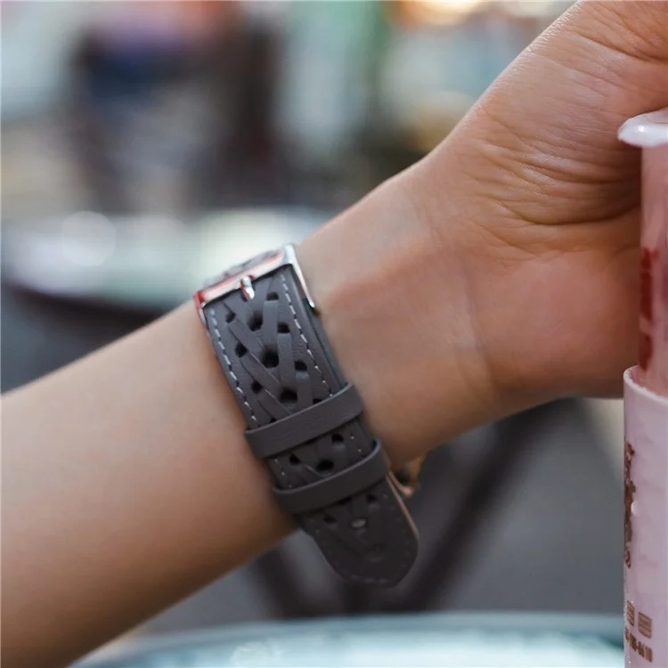 For Apple Watch Series 10 42mm / 9 8 7 41mm / 6 5 4 SE SE (2022) SE (2023) 40mm / 3 2 1 38mm V-Shaped Woven Watch Strap Genuine Leather Wrist Band - Grey