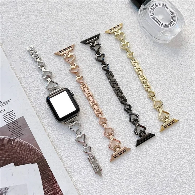Para Apple Watch Series 10 42mm / 9 8 7 41mm / 6 5 4 SE SE (2022) SE (2023) 40mm / 3 2 1 38mm Metal Heart Rhinestone Decor Smart Watch Band Bracelet Wrist Strap - Silver