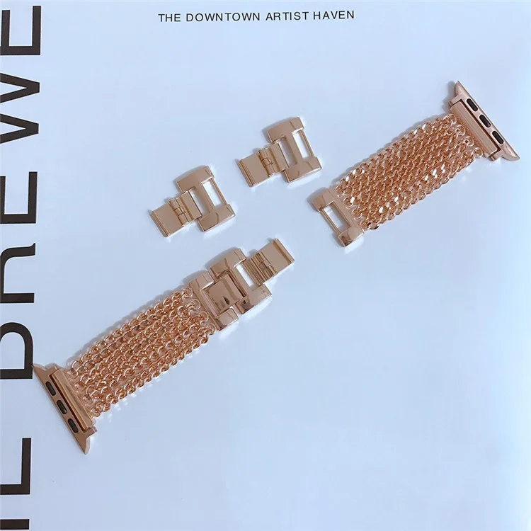 For Apple Watch Series 10 46mm / Ultra 2 Ultra 49mm / 9 8 7 45mm / SE (2023) SE (2022) SE 6 5 4 44mm / 3 2 1 42mm Multiple Chains Stainless Steel Watch Band Replacement Hollow-Out Wrist Strap - Rose Gold