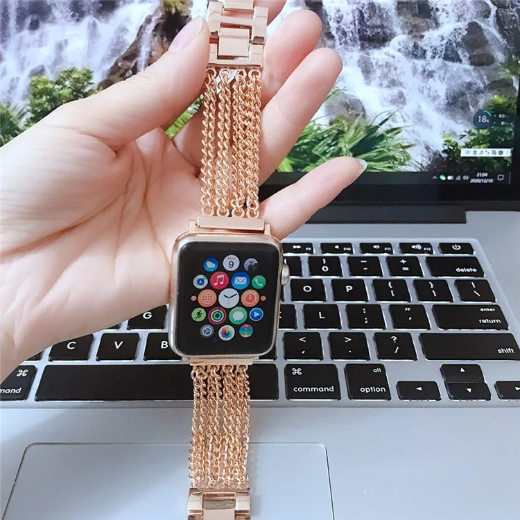 For Apple Watch Series 10 46mm / Ultra 2 Ultra 49mm / 9 8 7 45mm / SE (2023) SE (2022) SE 6 5 4 44mm / 3 2 1 42mm Multiple Chains Stainless Steel Watch Band Replacement Hollow-Out Wrist Strap - Rose Gold