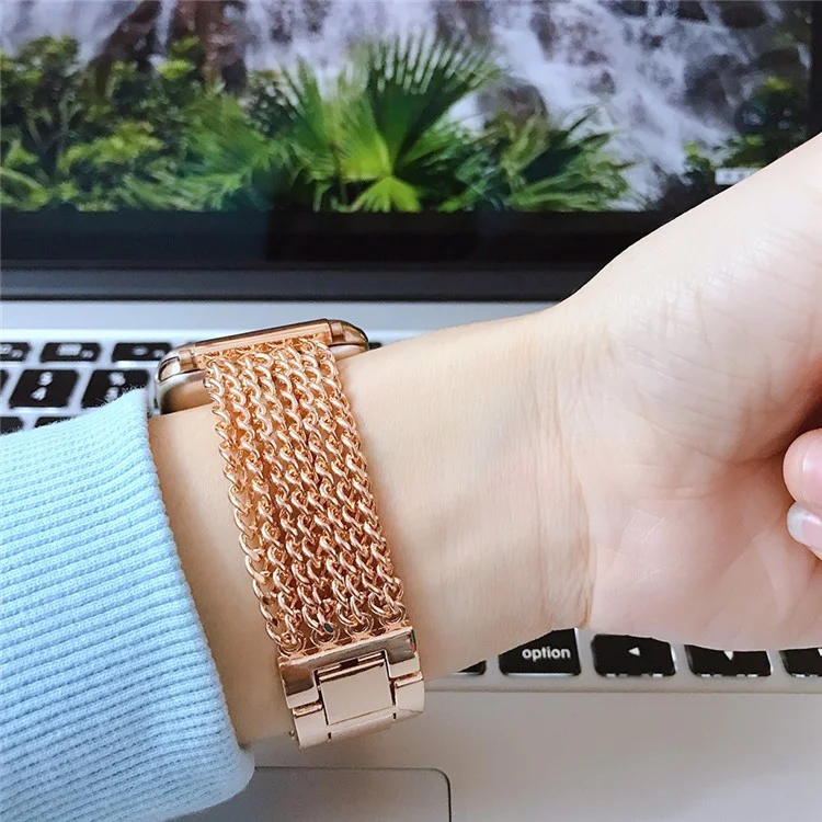 For Apple Watch Series 10 46mm / Ultra 2 Ultra 49mm / 9 8 7 45mm / SE (2023) SE (2022) SE 6 5 4 44mm / 3 2 1 42mm Multiple Chains Stainless Steel Watch Band Replacement Hollow-Out Wrist Strap - Rose Gold