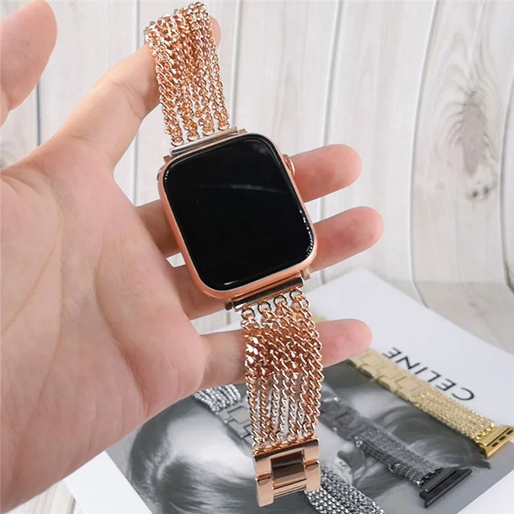 For Apple Watch Series 10 46mm / Ultra 2 Ultra 49mm / 9 8 7 45mm / SE (2023) SE (2022) SE 6 5 4 44mm / 3 2 1 42mm Multiple Chains Stainless Steel Watch Band Replacement Hollow-Out Wrist Strap - Rose Gold