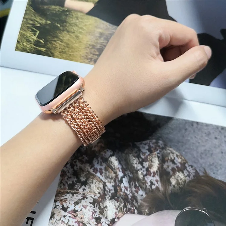 For Apple Watch Series 10 46mm / Ultra 2 Ultra 49mm / 9 8 7 45mm / SE (2023) SE (2022) SE 6 5 4 44mm / 3 2 1 42mm Multiple Chains Stainless Steel Watch Band Replacement Hollow-Out Wrist Strap - Rose Gold