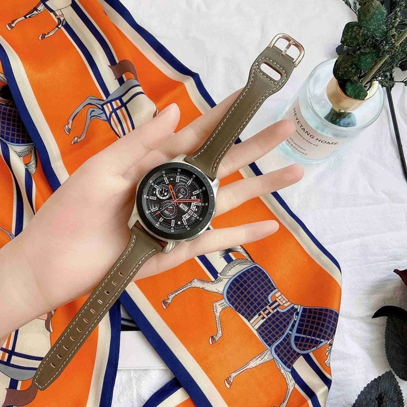 For Samsung Galaxy Watch3 45mm / Huawei Watch GT 3 Pro 46mm Genuine Leather Watch Strap 22mm T-Shaped Replacement Band - Beige